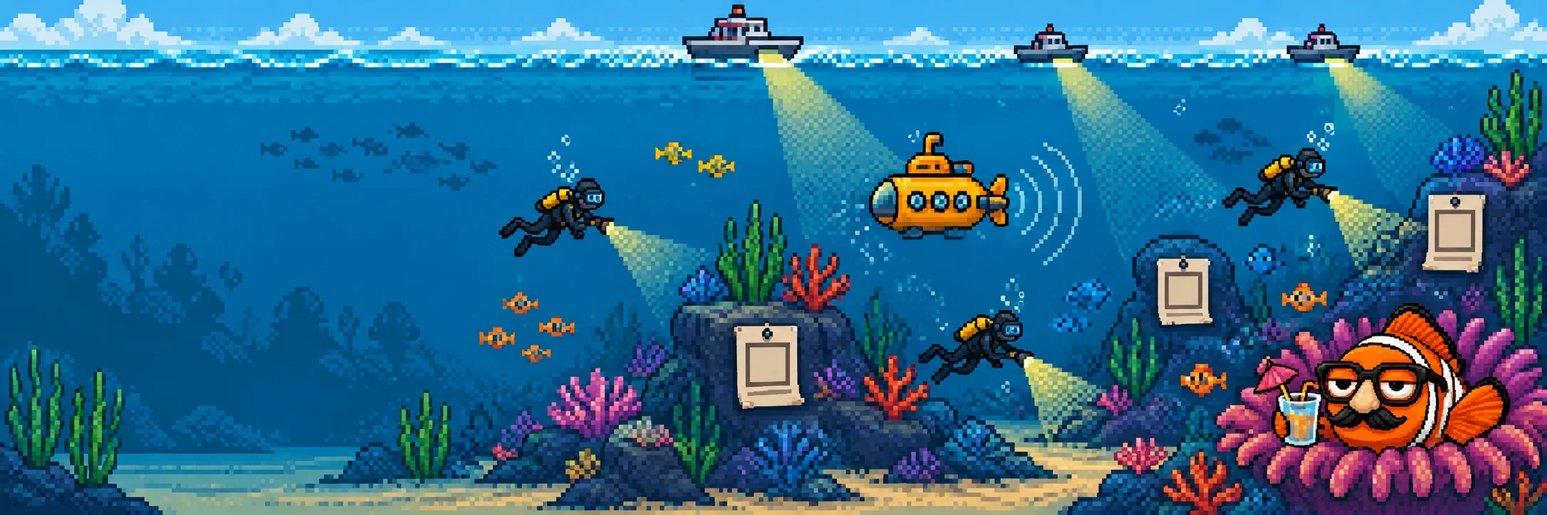 pixel underwater search operation with boats, divers and a submarine. a clownfish in a fake mustache relaxes in the corner